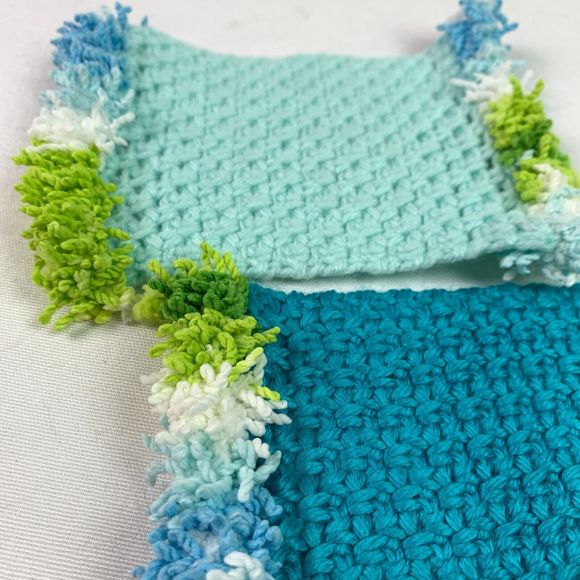 Mug Rugs Handmade Crochet Turquoise Blue Green White Cotton Fringe 4 Coasters - Picture 3 of 7